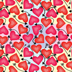 Obraz na płótnie Canvas Seamless pattern of brink and parodies pink, red crayola, light coral, vermilion red cmyk color heart with black color arrow arranged creatively on light periwinkle, mimi pink background. textile art