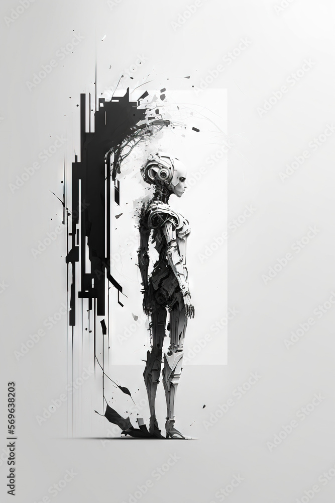 Poster a black and white photo of a person standing in front of a white background with a black and white d