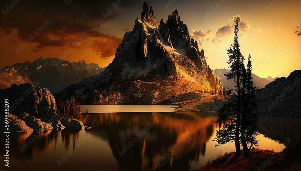Aufkleber a painting of a mountain lake with trees and mountains in the background and a sunset in the foregro