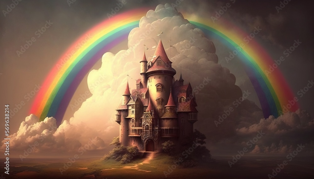 Poster a castle with a rainbow in the background and clouds in the foreground, with a rainbow in the sky ab