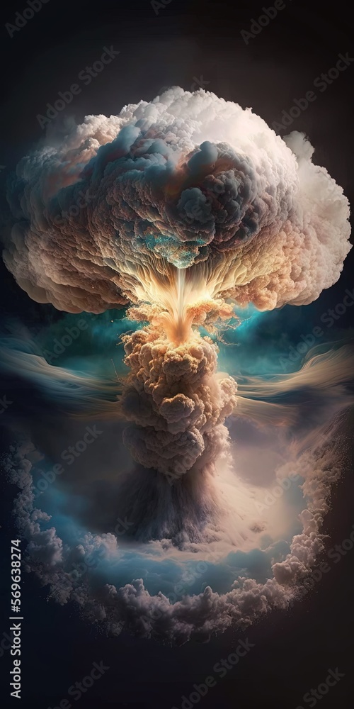 Poster a very large cloud with a very large structure in it's center and a bright light coming out of the c