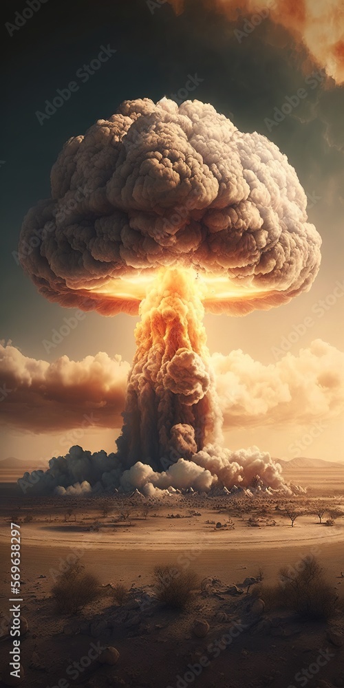 Poster a large mushroom like object in the middle of a desert with clouds in the sky and a sunset in the ba