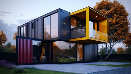 Obraz premium concept of sustainability and recycle , container box remake as restaurant, office or house, modern and contemporary design with nature landscape background, Europe style exterior, Generative Ai