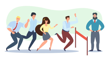 Team of workers running towards finish line ribbon and leader. Happy office people winning competition flat vector illustration. Business, success, teamwork, leadership concept for banner