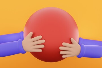 Hands holding big red ball. Childrens playing together with ball. Cartoon style 3d rendering illustration