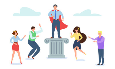 Business leader with superhero cape on pedestal and happy team. People celebrating victory together flat vector illustration. Business, teamwork, leadership, success concept for banner, website design