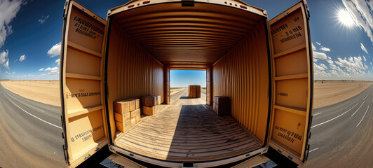 Obraz premium Wide angle view on empty container in the middle of the road. Generative AI