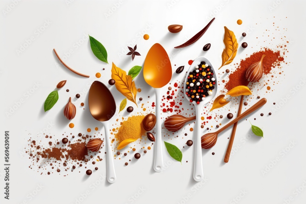 Poster spices in spoons and scattered on a white background with space for text. generative ai