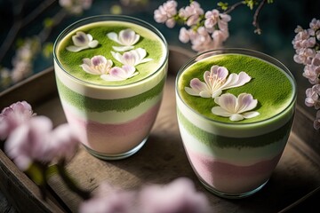 Obraz na płótnie Canvas Artistic beautiful romance two cups of green tea or coffee with cherry blossom flower branch, spring season and national spring festival theme drink, idea for background or wallpaper, generative Ai