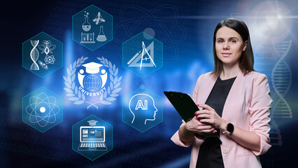 Young woman with clipboard looking at camera, interface with university symbols