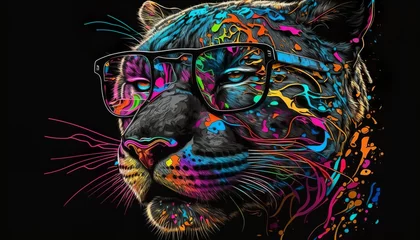 Foto op Plexiglas Colorful abstract line art happy animal with sunglasses panther © Dvid
