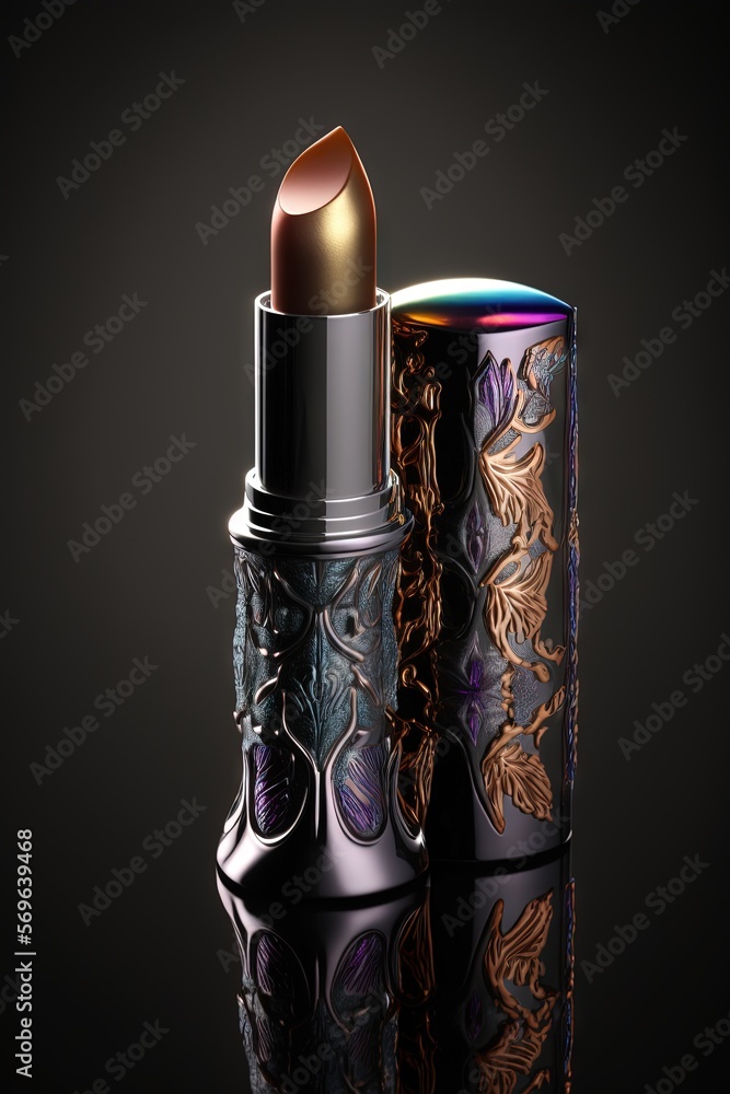Poster  a close up of a lipstick on a black surface with a reflection on the surface and a black background with a gold and purple pattern.  generative ai