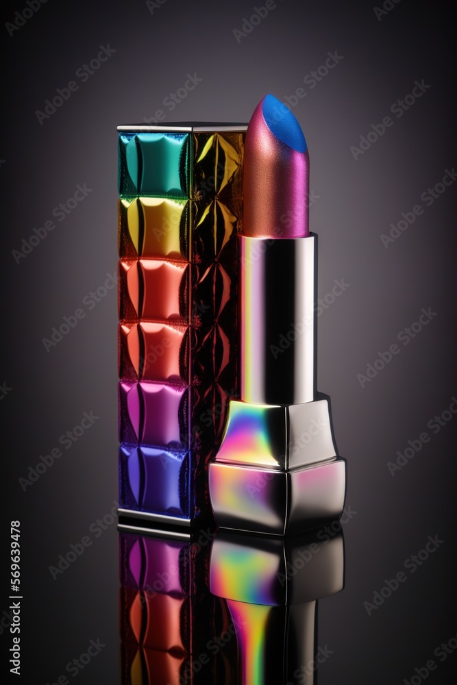 Aufkleber a multicolored lipstick sitting on top of a table next to a box of other lipsticks on a reflective s