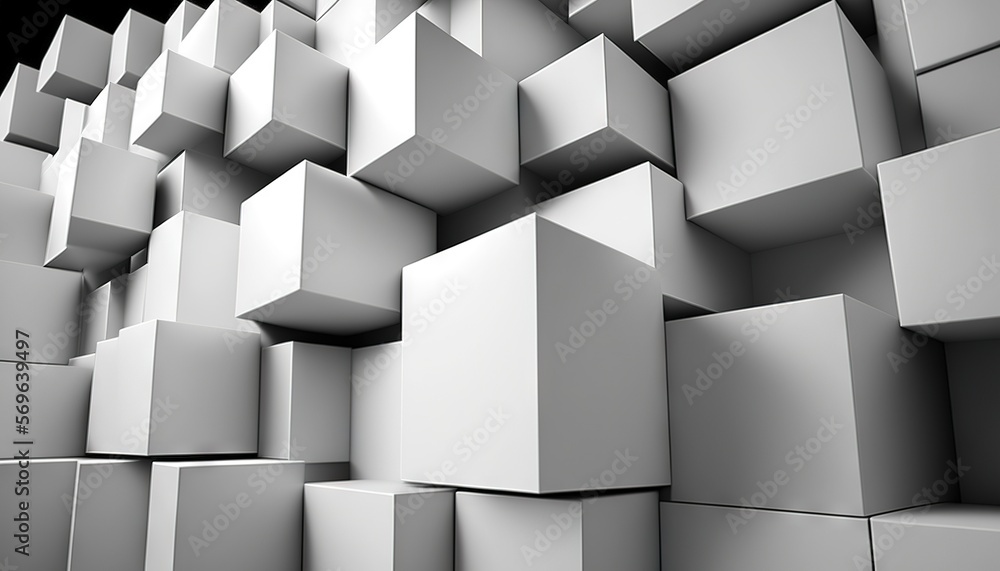 Poster a very large group of cubes that are stacked together in a wall of white cubes, with one of them fac