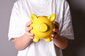 Woman hand holding yellow piggy bank over gay background with copy space. Save money and financial investment