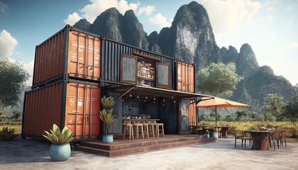 modern contemporary restaurant or cafe made from shipping container, tropical mountain background, Generative Ai