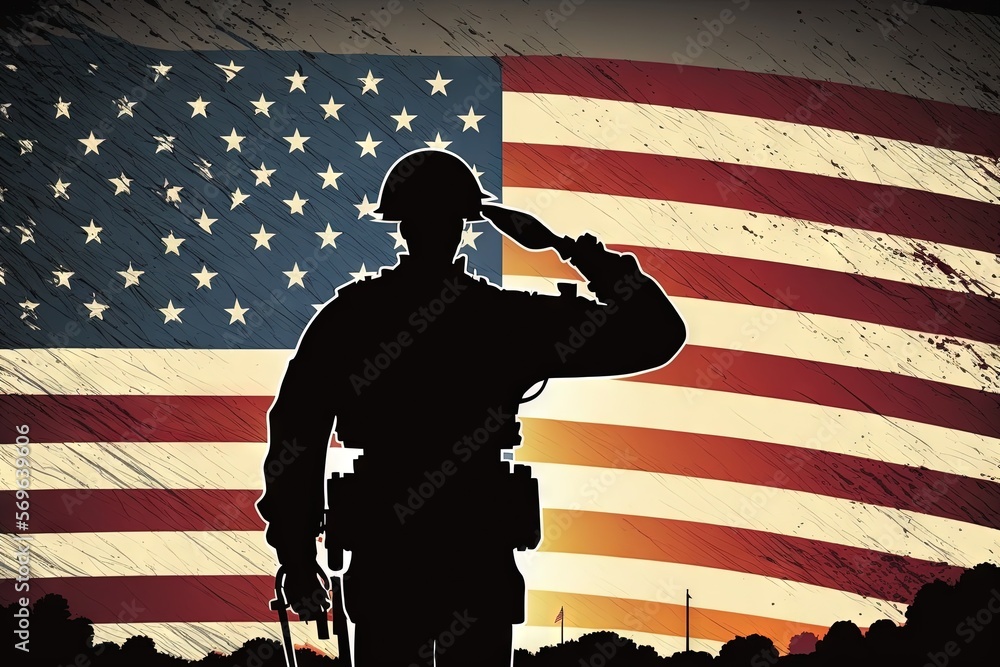Poster  a soldier saluting in front of an american flag with a soldier saluting in the foreground of the image with a soldier in the foreground.  generative ai