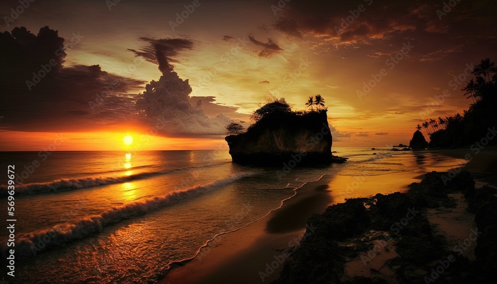 Poster the sun is setting over the ocean with a rock outcropping in the foreground and a rock outcropping i