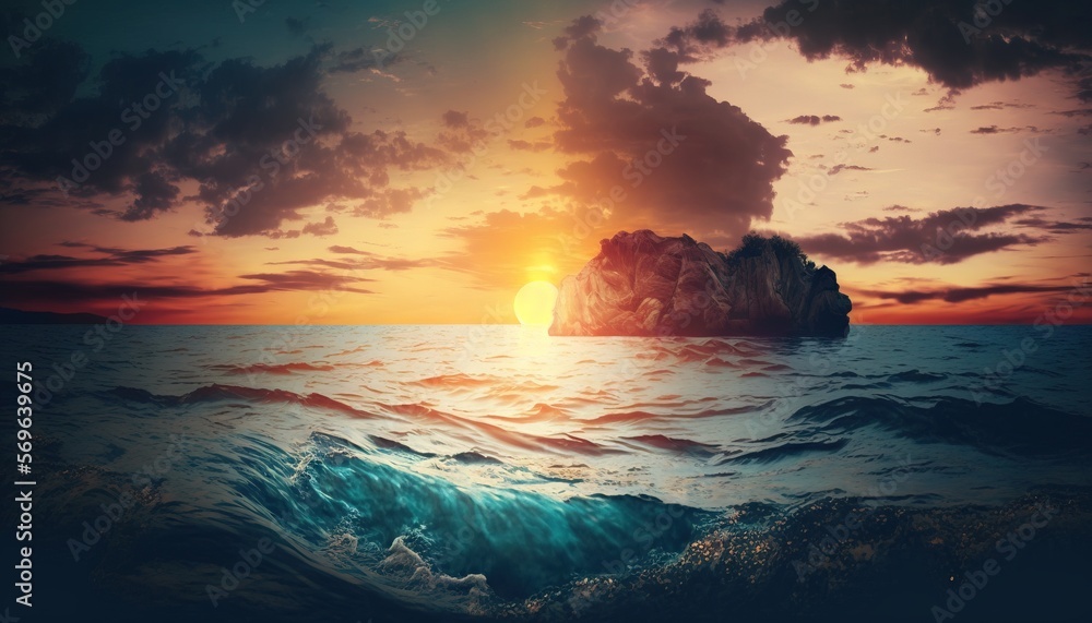 Poster an island in the middle of the ocean with a sunset in the background and clouds in the sky over the 