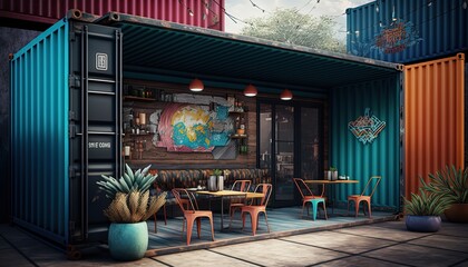 Fototapeta premium modern contemporary restaurant or cafe made from shipping container, Asian theme, Generative Ai