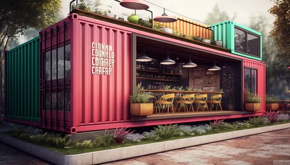 modern contemporary restaurant or cafe made from shipping container, Asian theme, Generative Ai