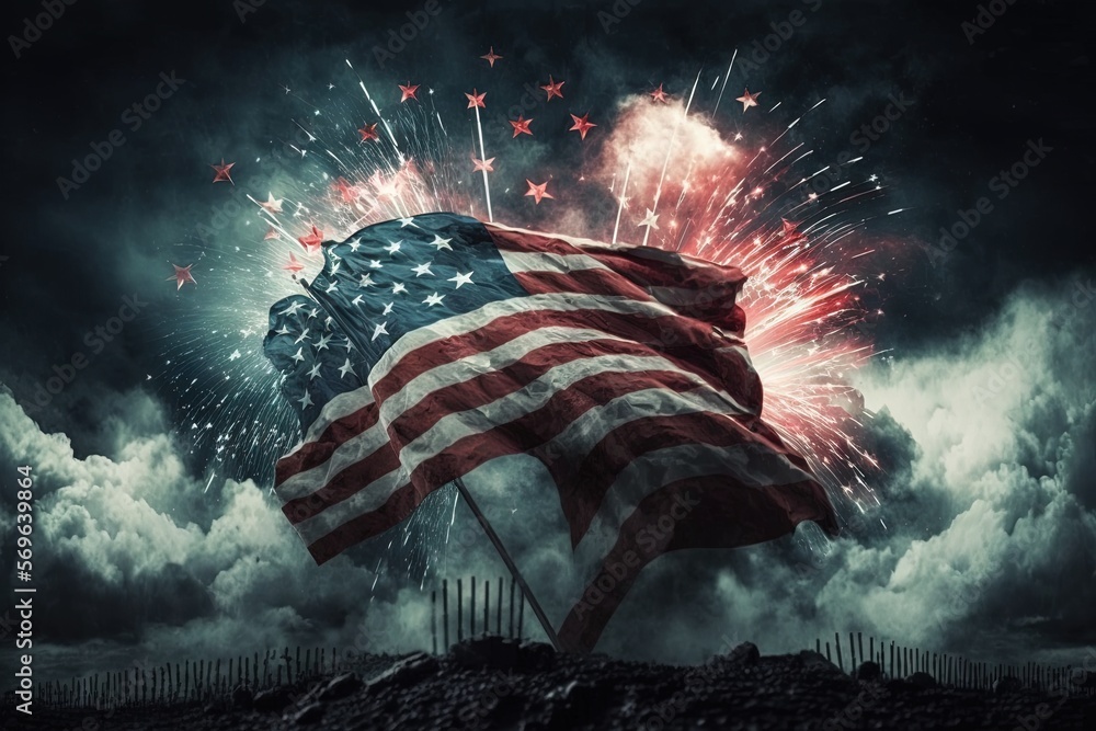 Poster a large american flag is flying in the air with fireworks in the background and a dark sky with clou
