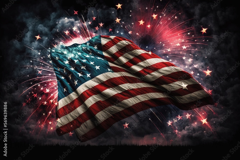 Poster a large american flag is flying in the air with fireworks in the background and a black sky filled w