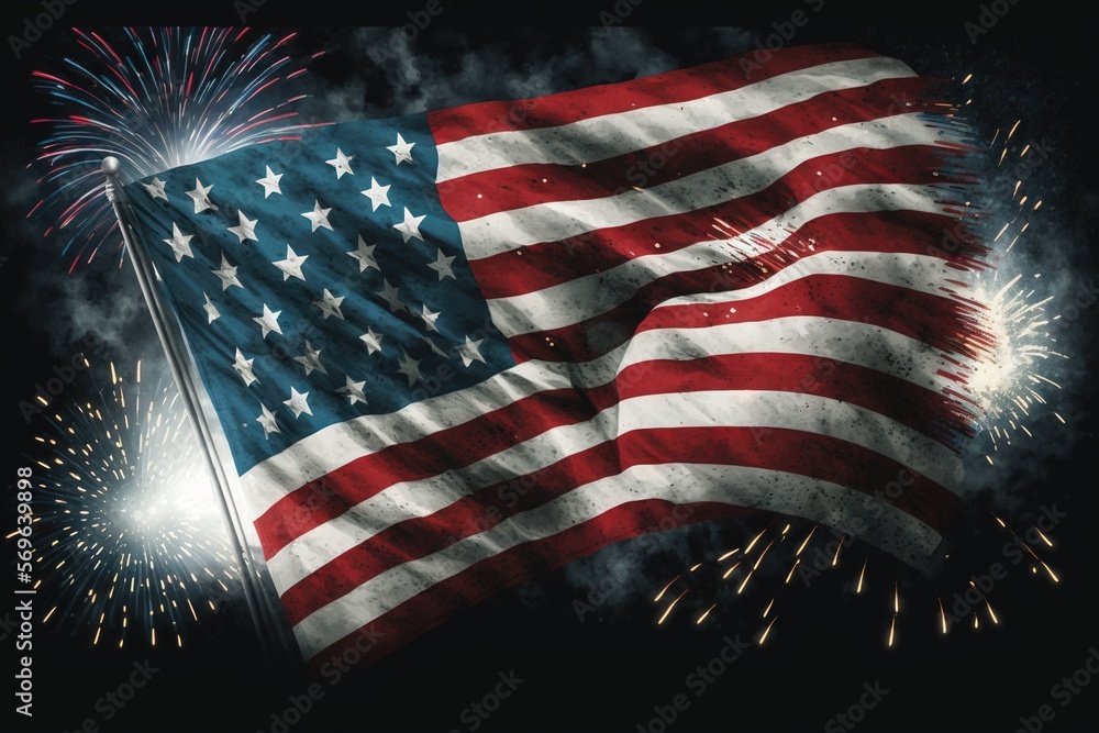 Poster an american flag with fireworks in the background and a black sky with white clouds in the foregroun