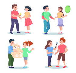 Boys and girls spending time together vector illustrations set. Drawings of kids holding hands or giving presents isolated on white background. Childhood, first love, romance, Valentines day concept