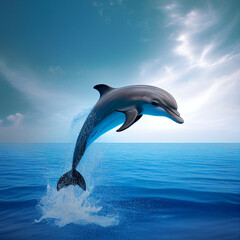 dolphins playing in the blue sea, dolphins jumping in the sea ,generative ai technology