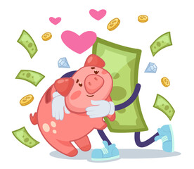 Banknote character hugging comic piggybank vector illustration. Cartoon drawing of comic dollar bill embracing piggy bank isolated on white background. Finances, savings, budget, happiness concept