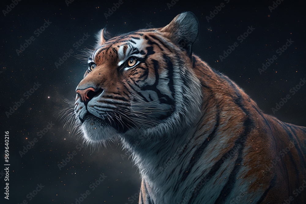 Poster a close up of a tiger in a dark background with stars in the sky behind it and the head of a tiger l