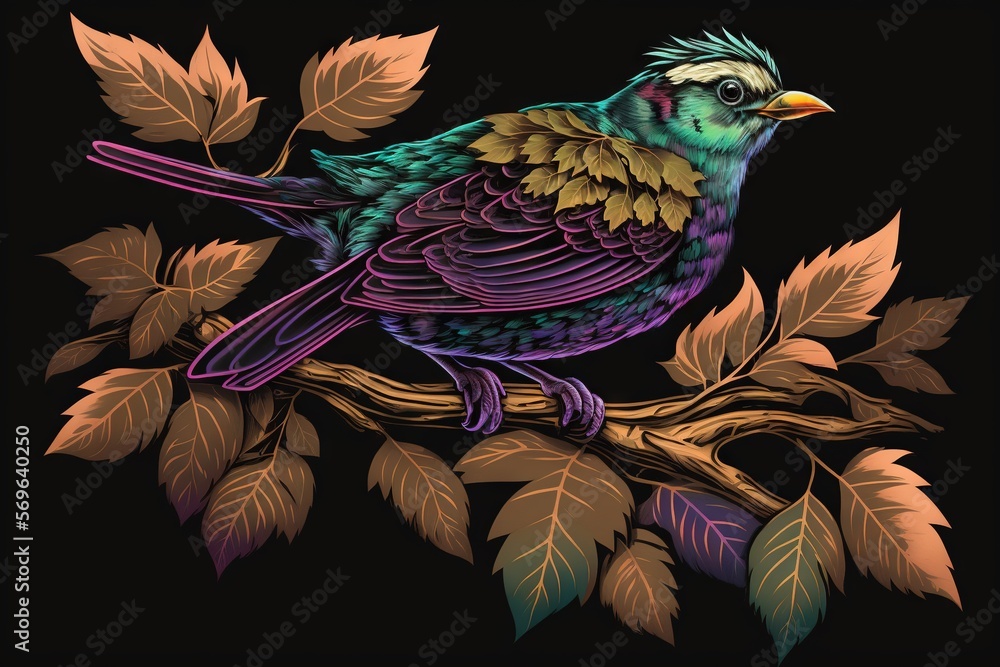 Poster a colorful bird sitting on a branch of a tree with leaves around it and a black back ground with a b