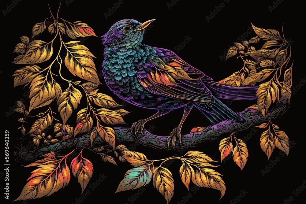 Poster a colorful bird sitting on a branch of a tree surrounded by leaves and branches on a black backgroun