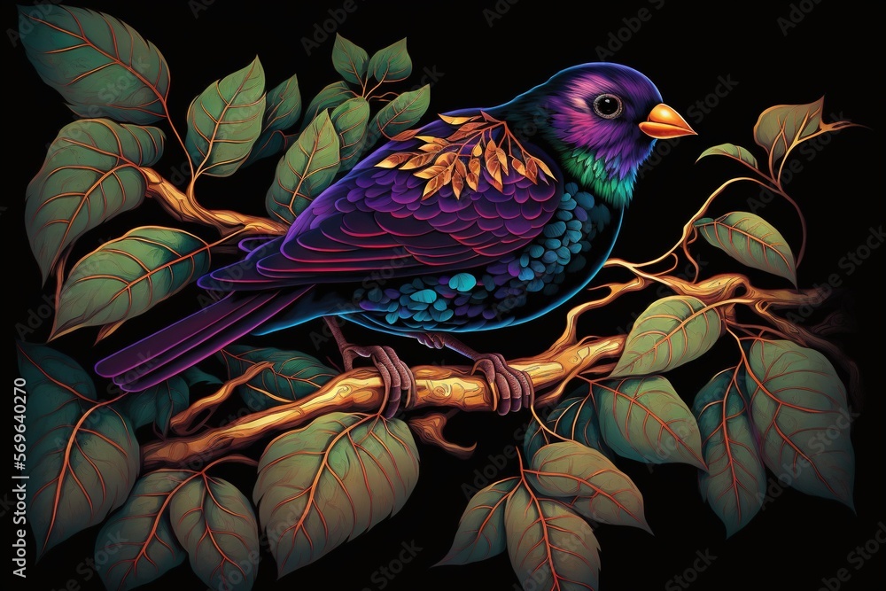 Poster a colorful bird sitting on a branch of a tree with leaves on it's sides and a black background with 