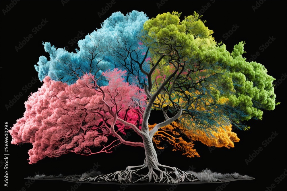 Poster a colorful tree with a black background and a black background with a black background and a black b