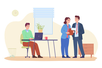 Man working on laptop and colleagues standing in office. Business person sitting at desk, manager talking to boss flat vector illustration. Business, workplace concept for banner or landing web page