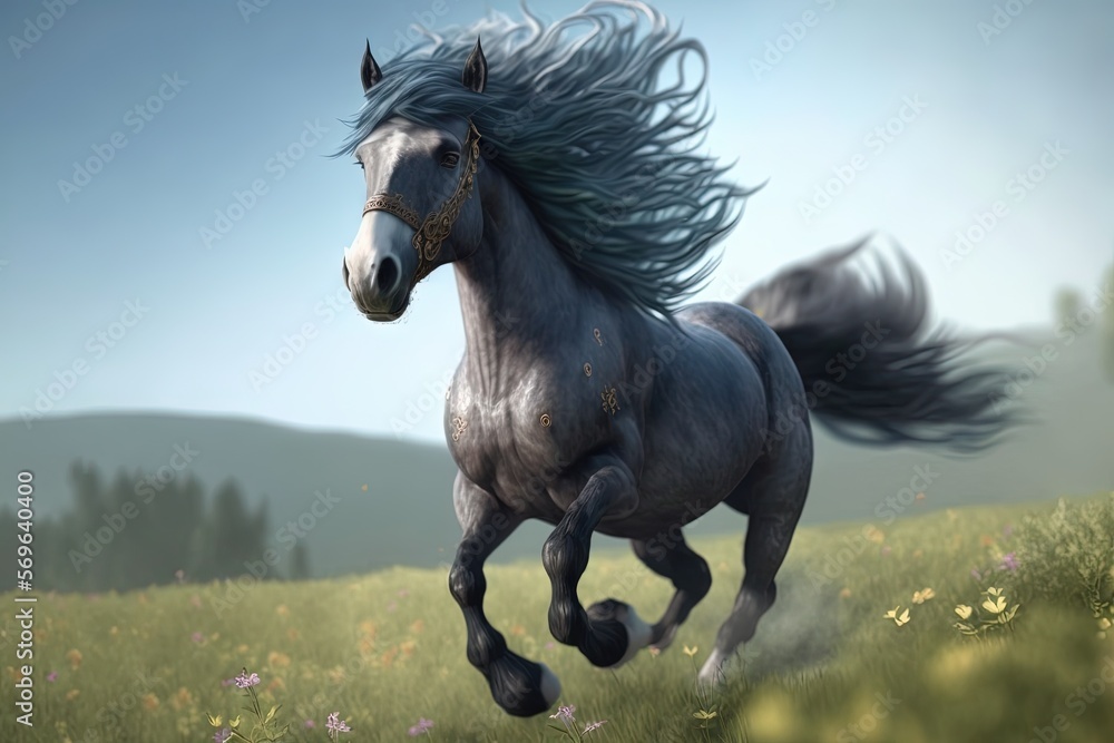Poster a white horse with a long mane running through a field of grass and wildflowers with a blue sky in t