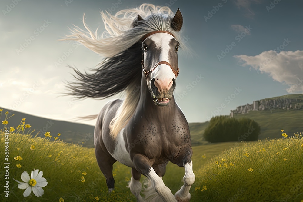 Poster a painting of a horse running in a field of flowers and grass with a castle in the background and a 