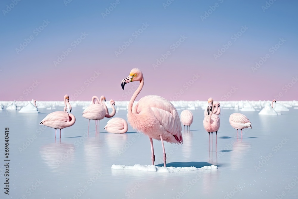 Poster a group of flamingos standing on a frozen lake with ice floes in the background and a pink sky in th