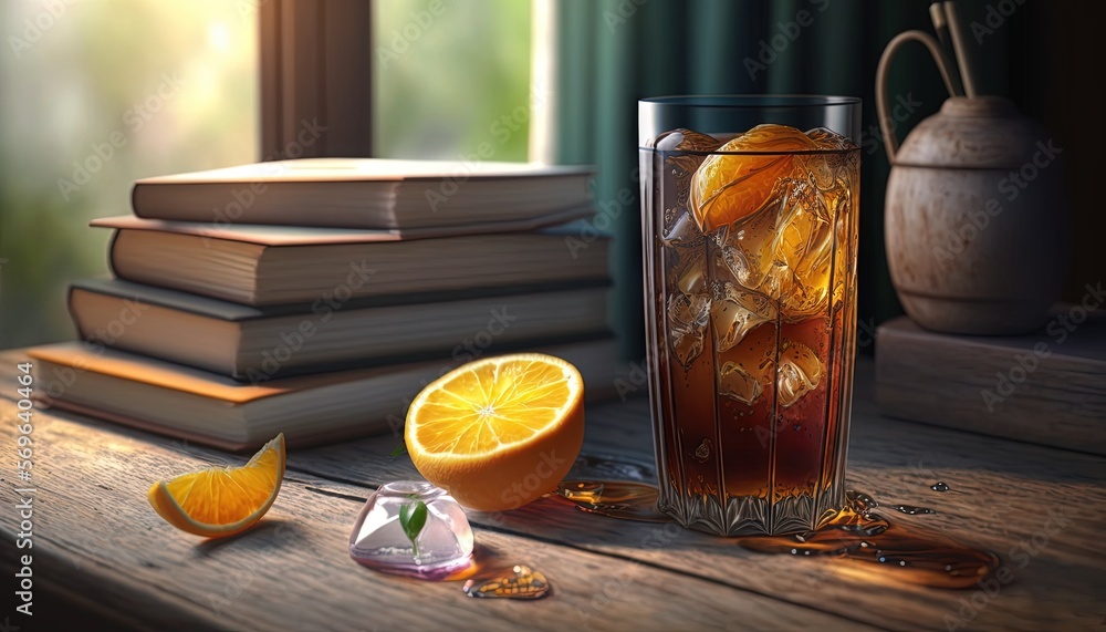 Aufkleber a glass of iced tea next to a stack of books and an orange slice on a table with a vase and a book o