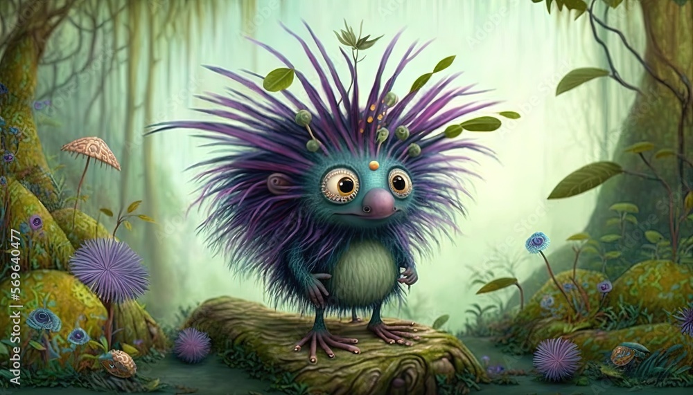 Poster a painting of a weird looking creature in a forest with purple hair and a mushroom like creature on 