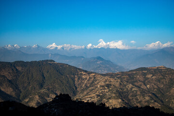Fototapeta na wymiar Beautiful HImalayan Mountain Range Ganesh, Langtang, Everest, HImal seen from Bhotechaur, Nepal