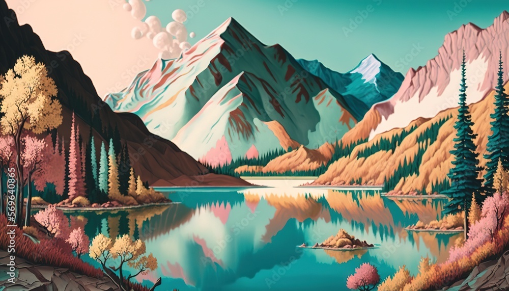 Aufkleber a painting of a mountain lake surrounded by trees and mountains with a sky in the background with cl