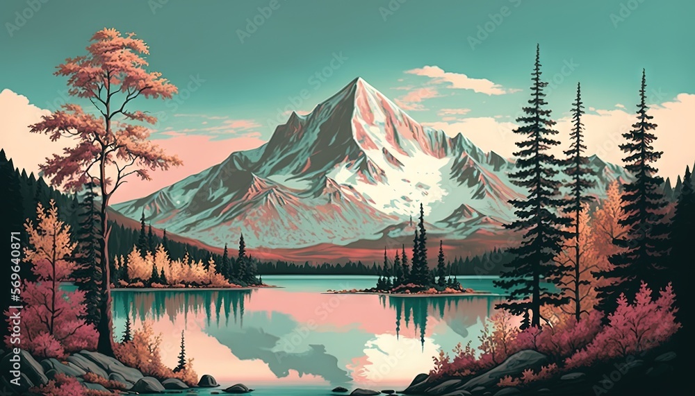 Poster a painting of a mountain lake surrounded by trees and a forest with a mountain in the background and