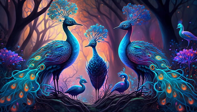 AI Generated collection of wild life animals in neture from peacooks ,flamingo birds,monkeys,swans,zebras,unicorns ostrich could be landscapes ,wallpapers ,decorations,etc