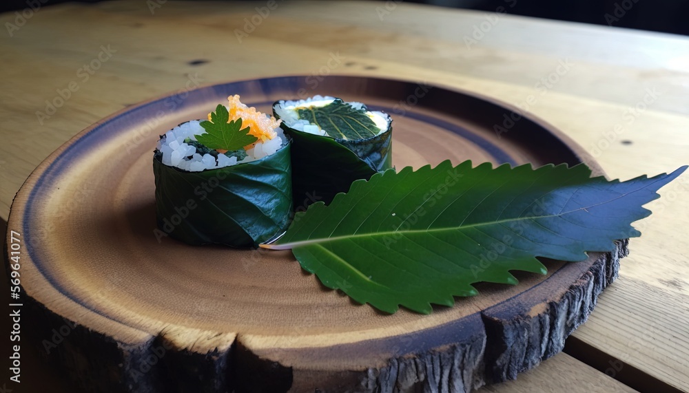 Wall mural  a wooden plate topped with sushi and a leaf on top of a wooden table next to a wooden plate with a green leaf on it.  generative ai