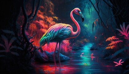 AI Generated collection of wild life animals in neture from peacooks ,flamingo birds,monkeys,swans,zebras,unicorns ostrich could be landscapes ,wallpapers ,decorations,etc - obrazy, fototapety, plakaty