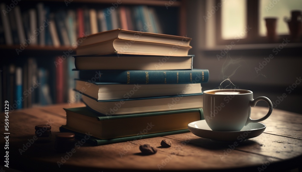 Poster a stack of books sitting on top of a wooden table next to a cup of coffee and a stack of books on to