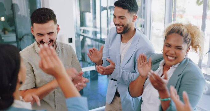 Teamwork, applause and high five with hands together to celebrate success or team building. Diversity business men and women happy about winning mission, goals and support for office motivation